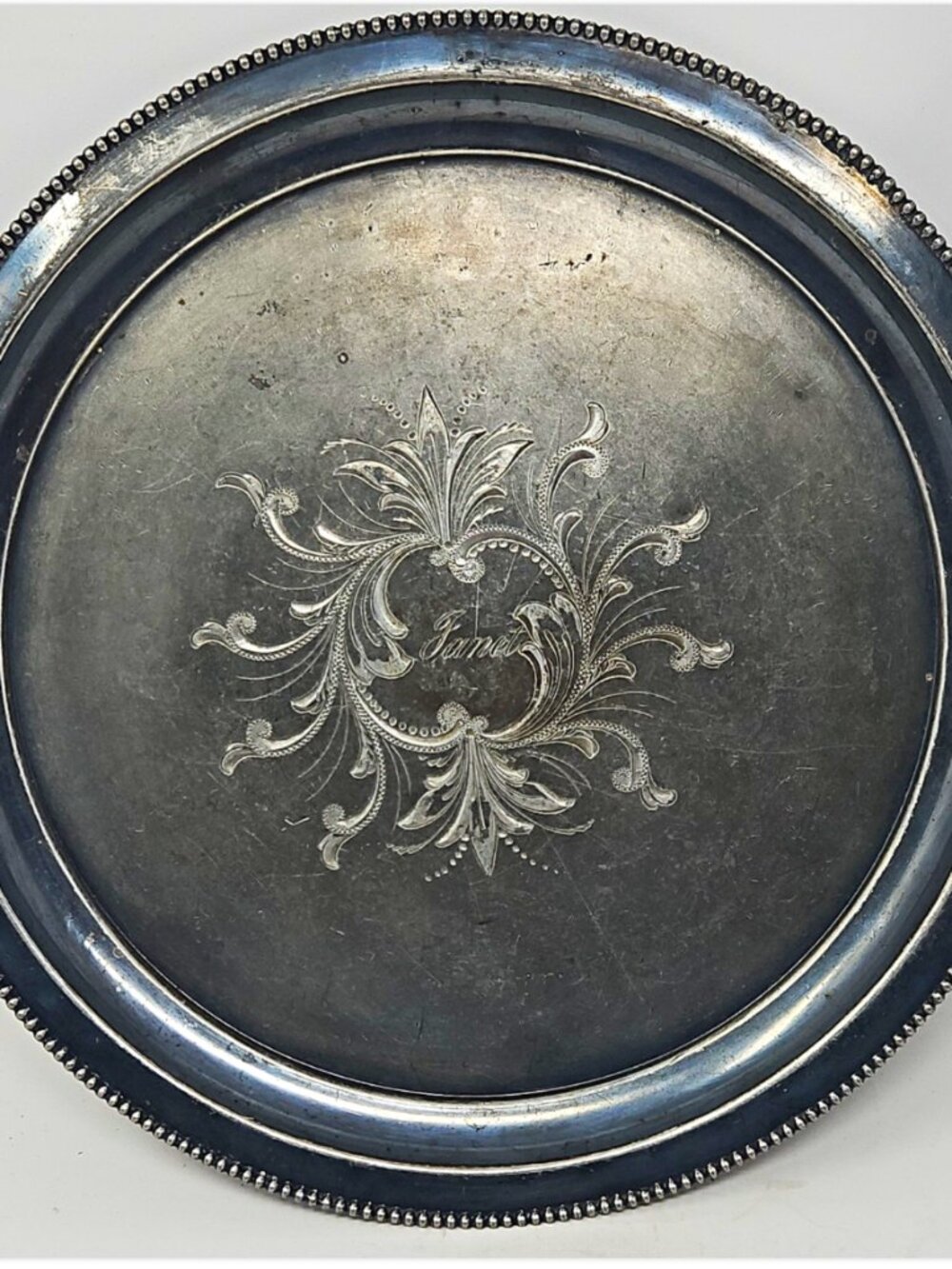 Antique Victorian Forbes Silverplate Round Tray Hand Engraved Monogram Janet 11"